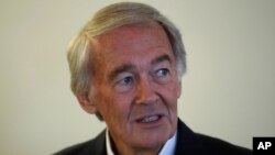 FILE - U.S. Sen. Edward Markey, D-Mass., speaks during a news conference in Boston, Aug. 26, 2019.