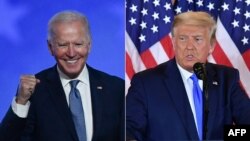 美国共和党候选人特朗普(右)和民主党总统候选人拜登分别在选举日之夜。(2020年11月3日)