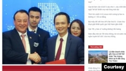 Trong một nền kinh tế “có đuôi” như Việt Nam, bất cứ tập đoàn hùng mạnh nào cũng nhất thiết phải nhờ đến thế lực chính trị. Trong hình: Đỗ Anh Dũng và Trịnh Văn Quyết (phải). (Hình: Screenshot từ infonet.vietnamnet.vn)