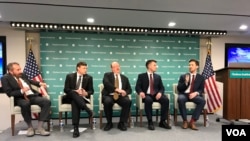 华盛顿智库哈德逊研究所2019年11月22日举办“中国对台湾主权威胁”座谈会,左2惠顿,左3费舍尔,左4易思安(美国之音锺辰芳拍摄)