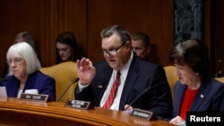 2023年2月9日,蒙塔那州的民主党参议员泰斯特(中)与华盛顿州的民主党参议员默里(左)以及缅因州的共和党参议员柯林斯(右)在参议院拨款委员会国防小组委员会就中国气球事件举行的听证会上向证人发问。(路透社)