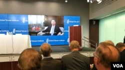 台湾外交部长吴钊燮2019年9月11日对美国智库全球台湾研究中心发表预录视讯讲话(美国之音锺辰芳拍摄)