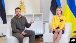 资料照片:爱沙尼亚总理卡拉斯在塔林与来访的乌克兰总统泽连斯基共同举行记者会。(2024年1月11日)