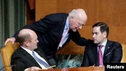 资料照片:美国参议员库恩斯(左)、莱希(中)与鲁比奥(右)在一次听证会上。(2017年3月29日)