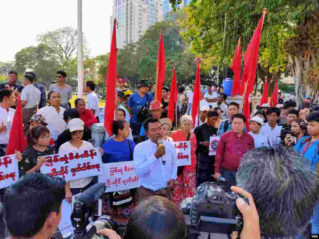 Activists stage a protest near City Hall in Myanmar's commercial city Yangon, calling for transparency in business ties with China on Saturday January 18, 2020
