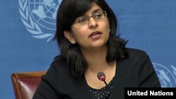 资料照片:联合国人权事物高级专员办公室发言人沙姆达萨尼在记者会上。