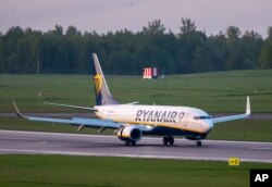 FILE - A Ryanair jet that carried opposition figure Raman Pratasevich was diverted to Minsk, Belarus, after a bomb threat, May 23, 2021.