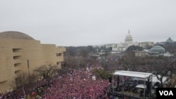 2017年1月21日, 首都华盛顿国家大草坪到处是女性抗议群众。数十万人正在参加反对川普总统的抗议活动。