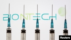 注射器与Biontech徽标。(2020年11月10日)
