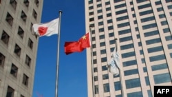 资料照:大连市内楼群中飘扬的中日国旗。(2012年12月31日)