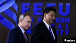 中国国家主席习近平和俄罗斯总统普京在符拉迪沃斯托克(又称海参崴)出席东方经济论坛期间举行圆桌会议商讨两国合作。(2018年9月11日)