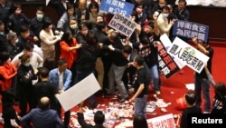 台湾立法院立委们在立法议场丢掷的猪内脏堆在地上。(2020年11月27日)