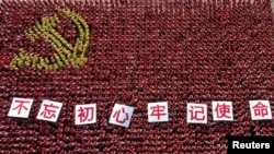 中国浙江省金华市的中共党员手举“不忘初心牢记使命”的标语牌组成中共党旗图案的阵仗。(2019年6月28日)