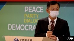 台湾陆委会新主委邱太三在交接仪式上致辞。(2021年2月23日)