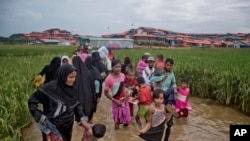 2017年11月17日罗兴亚穆斯林跨越边境,从缅甸逃到孟加拉国,涉水前往加姆托利(Jamtoli)难民营。