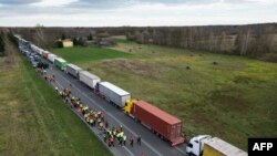 Вантажівки біля польсько-українського кордону в Дорогуську, Польща, 10 листопада 2023 року. (Фото: Damien SIMONART / AFP)