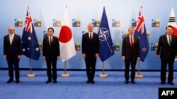 在立陶宛维尔纽斯举行的北约峰会期间,(左起)澳大利亚总理安东尼·阿尔巴尼斯、日本首相岸田文雄、北约秘书长延斯·斯托尔滕贝格、新西兰总理克里斯·希普金斯和韩国总统尹锡悦在北大西洋理事会(NAC)与亚太伙伴的会议前合影留念。(2023年7月12日)