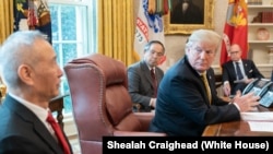 特朗普总统与中国国务院副总理刘鹤(2019年4月4日资料照片)