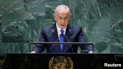 以色列总理内塔尼亚胡在纽约举行的联合国大会上发表讲话。(2024年9月27日)