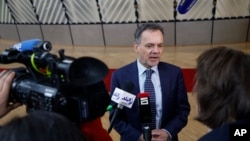 荷兰外交大臣卡斯帕·维尔德坎普 (Caspar Veldkamp)在布鲁塞尔出席欧盟外长会议期间对媒体讲话。(2024年11月18日)