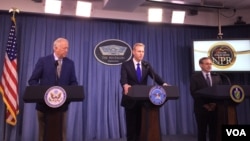 美国国务次卿香农(左)、国防部副部长沙纳罕(中)和能源部副部长布鲁耶特(右)2018年2月2日在五角大楼的记者会上公布核态势评估报告(美国之音叶林拍摄)