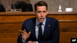 资料照片:共和党参议员霍利在参议院司法委员会的一次听证会上发言。(2020年8月5日)