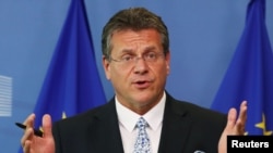 EU Commissioner for Energy Maros Sefcovic attends a news conference after gas talks between the European Union, Russia and Ukraine at the EU Commission headquarters in Brussels, Sept. 19, 2019.