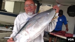 美国南加州渔民展示即将处理的金枪鱼(鲔鱼)(美国之音记者 国符拍摄)