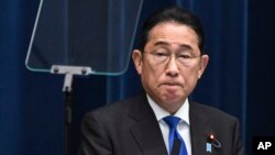 日本首相岸田文雄星期三在东京记者会上宣布,他将不会参加9月份举行的自民党党魁选举。(2024年8月14日)