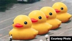 2013年,有网友用修图软件将六四著名照片“坦克人”中的坦克变成了大黄鸭——荷兰艺术家弗洛伦泰因·霍夫曼(Florentijn Hofman)创造的巨型橡皮鸭艺术品,图片在微博上传播几小时后被封禁。