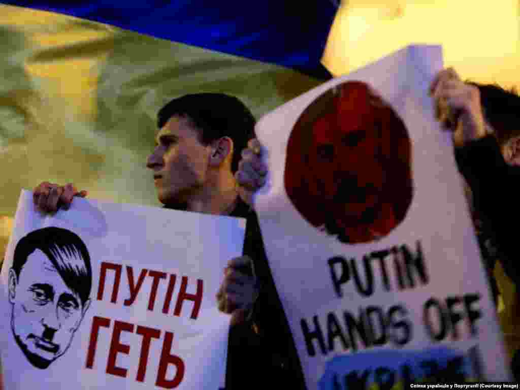 Лісабон "На вчорашньому мітингу під посольством Росії в Лісабоні, була оголошена ініціатива формувати загони добровольців для захисту територіальної цілісності України. Попередньо така пропозиція вже надходила також з інших українських громад Півночі та Півдня Португалії. Відмінно, що записатися до сотні проявили активність не тільки чоловіки, але й жінки", - повідомляє Спілка українців Португалії.