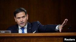 美国国会共和党联邦参议员鲁比奥(Sen. Marco Rubio, R-FL)2021年9月14日出席听证会,向作证的美国国务卿布林肯提出质询。