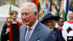 英国王储查尔斯王子和夫人卡米拉在伦敦威斯敏斯特教堂参加完一年一度的英联邦日纪念仪式后离开。(2020年3月9日)