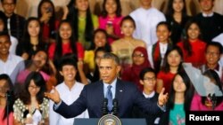 U.S. President Barack Obama delivers an address to members of the Young Southeast Asian Leaders Initiative in Yangon
