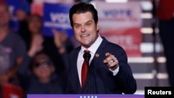 Anggota Kongres dari Partai Republik Matt Gaetz berbicara dalam acara kampanye untuk Donald Trump di Henderson, Nevada, pada 31 Oktober 2024. (Foto: Reuters/Mike Blake)