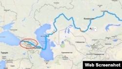 格鲁吉亚媒体刊载的火车从中国经中亚和里海抵达格鲁吉亚的路线图。