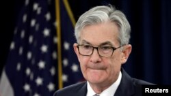 美联储主席鲍威尔在记者会上。(2020年1月29日)