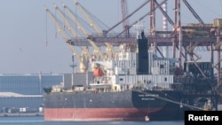 资料照片:停靠在意大利拉文纳的悬挂巴巴多斯旗的散货船“真信心”号(True Confidence)。(2022年3月10日)