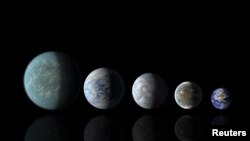 Relative sizes of Kepler habitable zone planets discovered as of April 18, 2013 in this artist's rendition provided by NASA. (L to R) Kepler-22b, Kepler-69c, Kepler-62e, Kepler 62f and Earth.