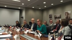 美国助理国务卿拉塞尔(右三)、国防部副助理部长西赖特(右二)(美国之音叶林拍摄 2016年3月18日)