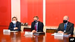 Derek Chollet, counselor of the U.S. Dept. of State, with Kin Moy, principal deputy asst. secretary for the Bureau of East Asian and Pacific Affairs, and Craig Hart, U.S. deputy asst. administrator for East Asia and the Pacific at the embassy in Jakarta on Oct. 21, 2021.