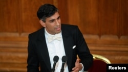 英国首相苏纳克2022年11月28日在伦敦金融区一场活动中发表了他上任首相以来的首场外交政策演说。(路透社)