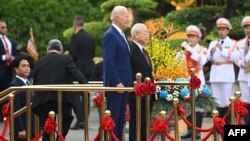 越共总书记阮富仲2023年9月10日为到访的美国总统拜登举行欢迎仪式。(法新社)