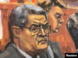 法庭素描画显示被控协助向美国贩运毒品的前洪都拉斯总统埃尔南德斯在曼哈顿的联邦法庭参加针对他的审判。(2024年3月7日)