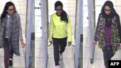 A combination of handout CCTV pictures received from the Metropolitan Police Service shows (L-R) British teenagers Kadiza Sultana, Amira Abase and Shamima Begum passing through security barriers at Gatwick Airport, south of London, on Feb. 17, 2015.