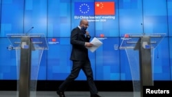 欧盟理事会主席米歇尔2020年9月14日在欧盟-中国峰会后召开记者会(路透社)