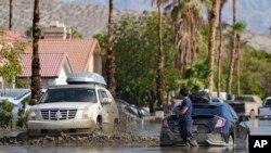 美国加利福尼亚州南部地区受热带风暴希拉里袭击后一些汽车陷入泥中。(2023年8月21日)