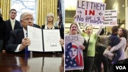 Ông Trump giơ một sắc lệnh hành pháp, và cảnh người biểu tình phản đối.