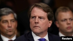 FILE - Then-White House counsel Don McGahn is pictured at a hearing in the Dirksen Senate Office Building on Capitol Hill in Washington, Sept. 27, 2018.