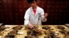 在首都医科大学附属北京中医医院，一名工作人员在准备中草药。（2011年5月25日）